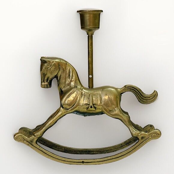 R.O.C. Taiwan Vintage Solid Brass Rocking Horse Pony Candle Holder - Picture 1 of 12